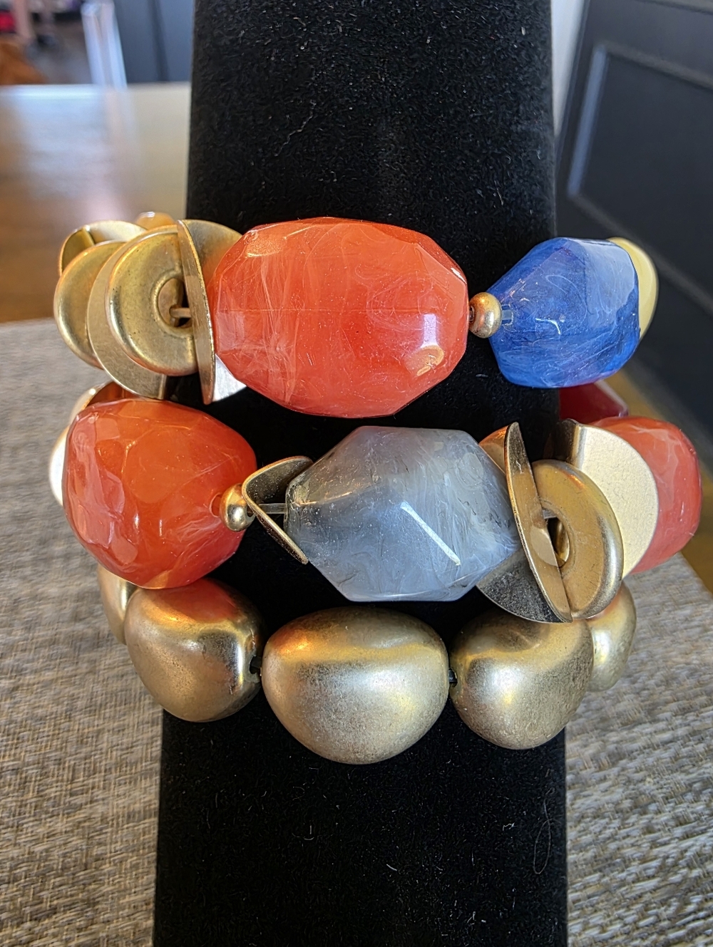Chico's Gold, Cream, Gray and Red Beaded Stretch Bracelet Set